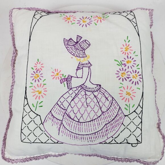 Vintage Hand Crafted Embroidery Lavender Girl Throw Pillow 12x13 Inch - Picture 1 of 4